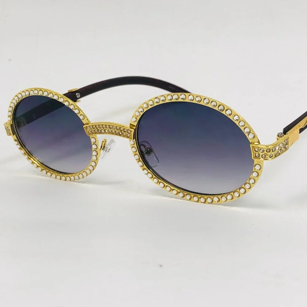 Men Sunglasses Round Black Lens Fashion Diamond Bling Hip Hop Style Lentes Gafas
